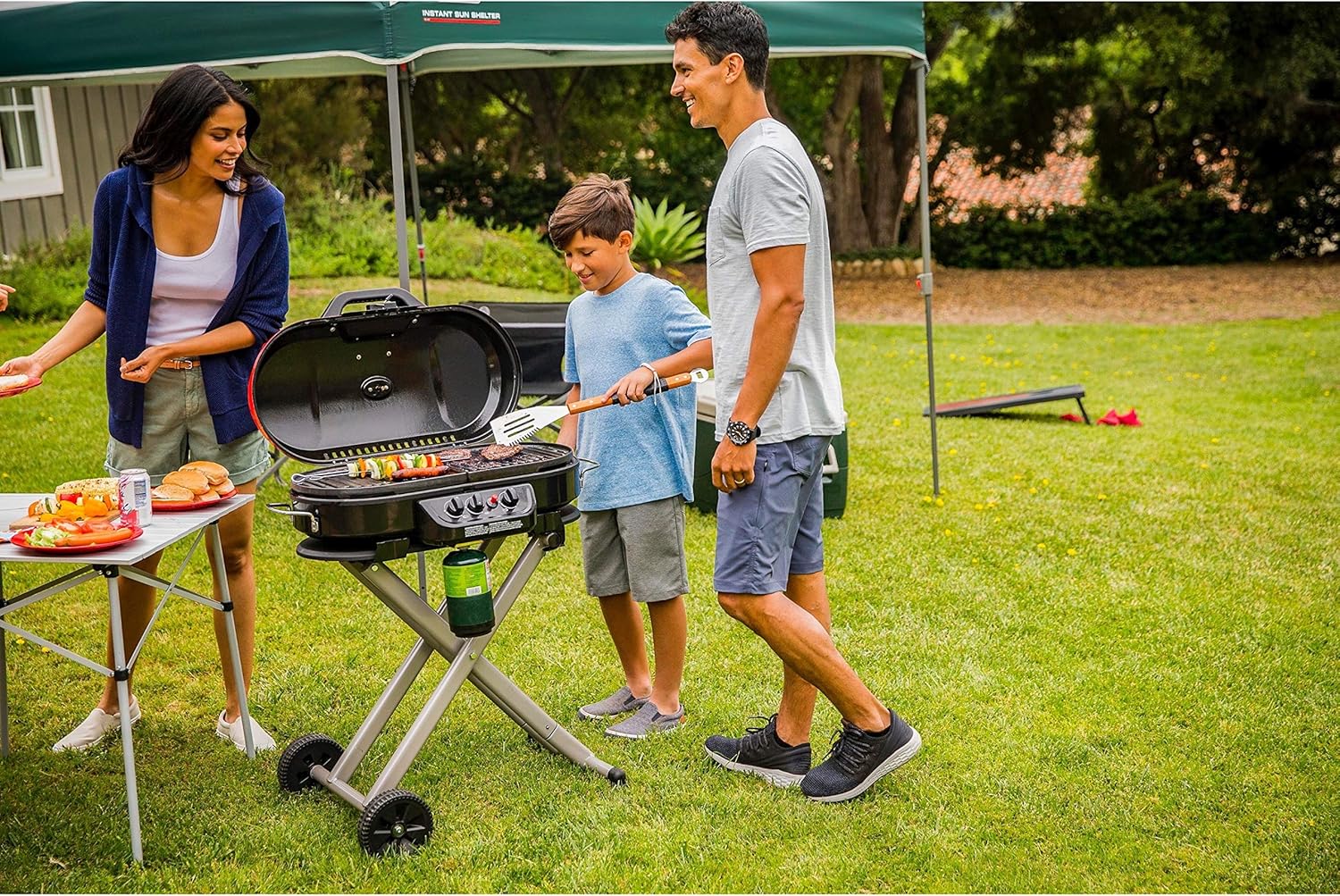 RoadTrip Portable Stand-Up Propane Grill with 3 Adjustable Burners & Instastart Ignition, 20,000 BTUs of Power for Outdoor Cooking