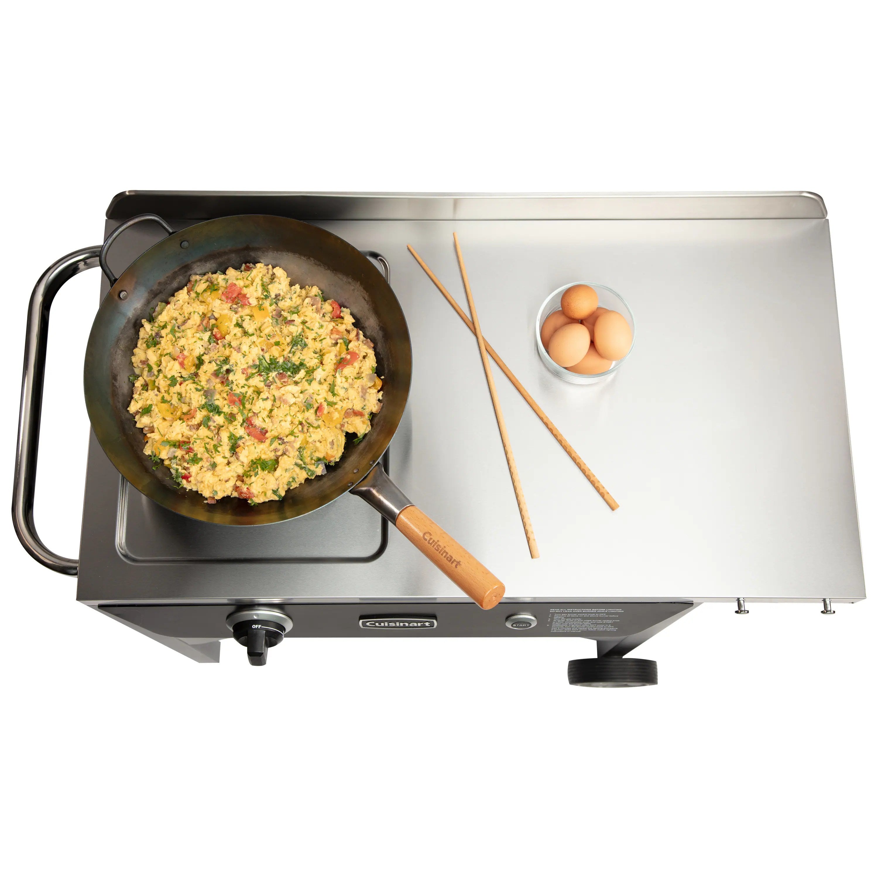 Cuisinart Outdoor Wok Station, 50,000 BTU Propane Outdoor Wok Burner w Prep Table, 14�测�� Carbon Steel Wok for Stir Fry, Searing, BBQ �� Black