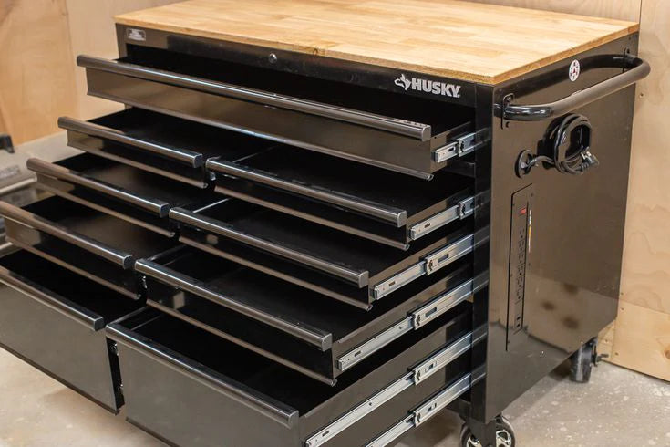 46-in W x 24.5-in D 9-Drawer Mobile Workbench with Hardwood Top and Power Station 锟斤拷 Gloss Black